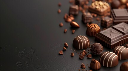 luxurious dark chocolate background with assorted gourmet pralines 3d illustration - obrazy, fototapety, plakaty