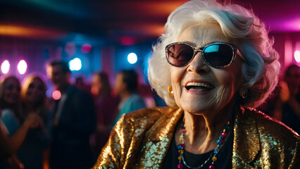 An elderly woman dancing in a nightclub