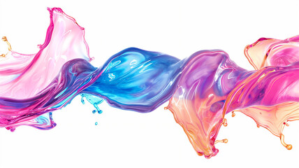 Blue, pink and orange liquid splash wave with fluid droplets isolated on a white background
