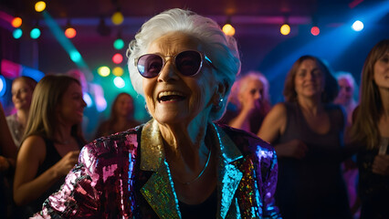 An elderly woman dancing in a nightclub - obrazy, fototapety, plakaty