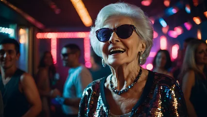 Fotobehang An elderly woman dancing in a nightclub © israel
