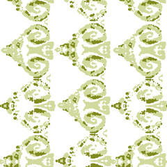 Ethnic Vector Pattern. Bohemian Peacock Print. Green and Turquoise Geometric Ikat Seamless Design. Fashion Retro Art. Vintage Ornament. Rhombus Watercolor Background. Abstract Modern Batik.