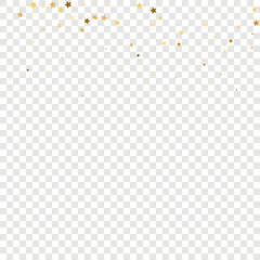 Star Sequin Confetti on Transparent Background. Vector Gold Glitter. Falling Particles on Floor. Christmas Party Frame. Voucher Gift Card Template. Isolated Flat Birthday Card. Golden Stars Banner.