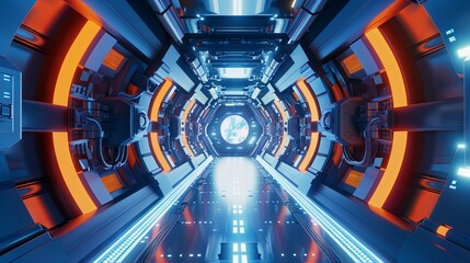 Futuristic spaceship corridor with neon lights and high-tech design