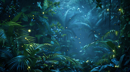 Night tropical jungle with fireflies. Atmospheric fantasy