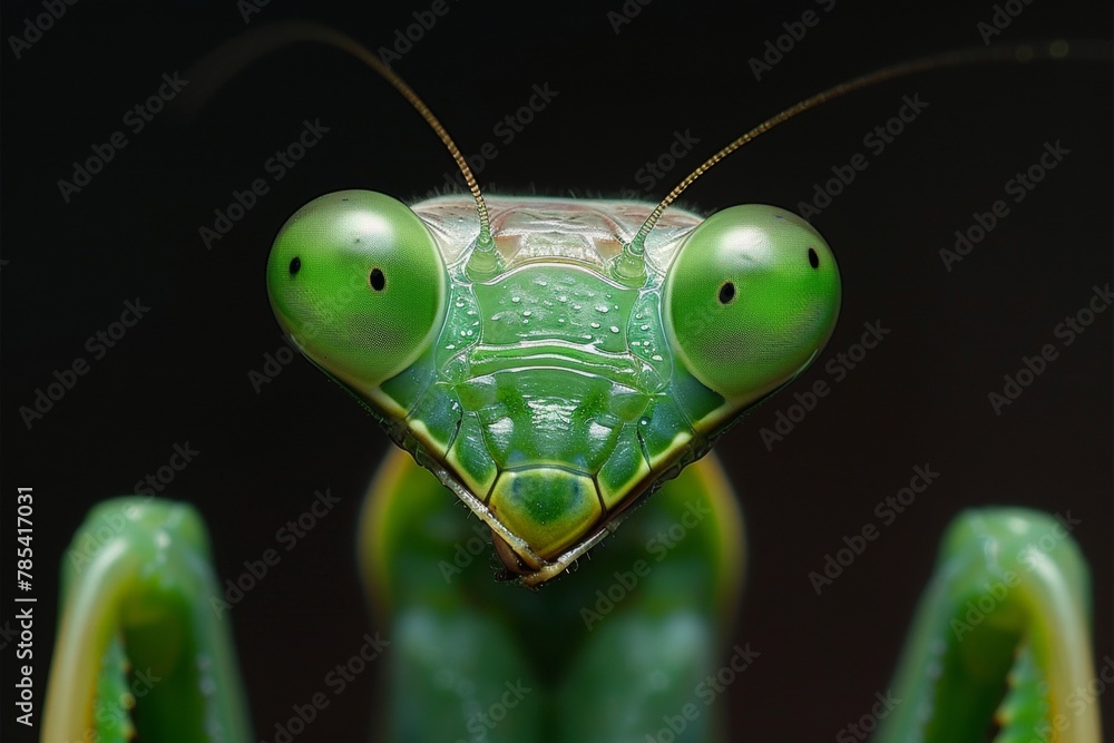 Poster intriguing close up macro image revealing the delicate features of a praying mantis