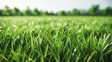 A field of green grass with a bright blue sky in the background