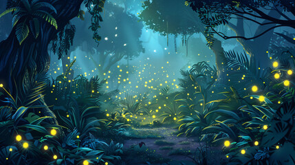 Night tropical jungle with fireflies. Atmospheric fantasy