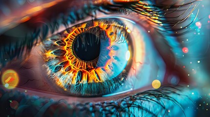 Close-up of a detailed human eye with vibrant colors and reflections