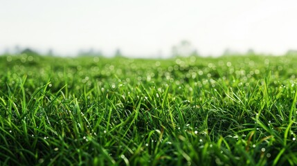 A field of green grass with dew on it