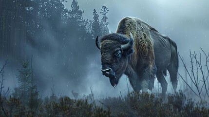 majestic european bison bull in misty forest atmospheric wildlife concept illustration - obrazy, fototapety, plakaty