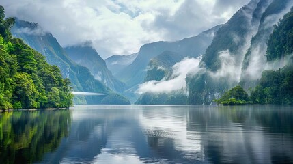 majestic fjords with steep cliffs and misty river fantasy landscape in doubtful sound new zealand
