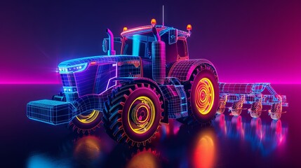 Futuristic tractor with neon lights in a digital landscape