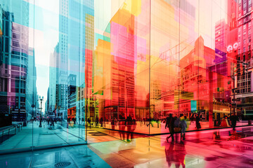 Digital abstract blend of neon cityscape and glass reflections representing urban connectivity - obrazy, fototapety, plakaty