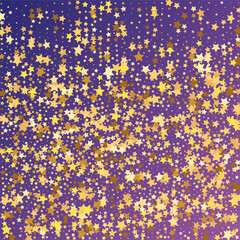 Star Sequin Confetti on Neon Purple Background. Voucher Gift Card Template. Isolated Flat Birthday Card. Golden Stars Banner. Vector Gold Glitter. Falling Particles on Floor. Christmas Party Frame.