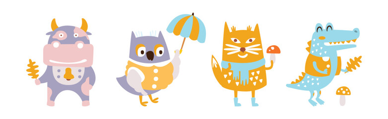 Cute Happy Animal with Pretty Snout Scandinavian Style Vector Set