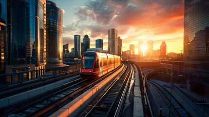 Modern city sunset with red train speeding on elevated tracks