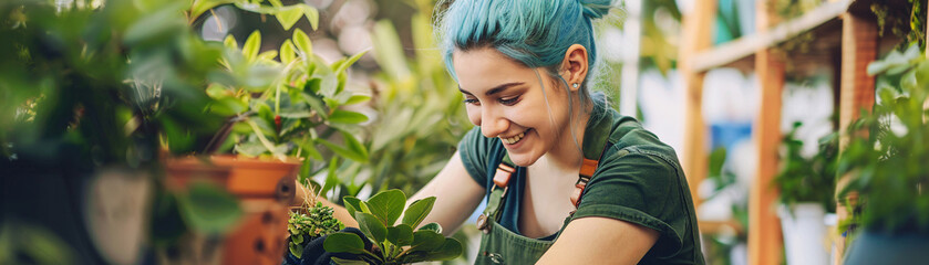 Joyful young lady with blue hair and love for horticulture, dedicatedly nurturing her backyard garden. Eco-friendly living. Urban gardening. Full of life and greenery. Woman nurtures her green garden.