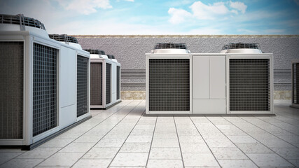Rows of air conditioner units forming a corridor. 3D illustration