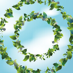 Green Leaves. Circular arrangement of leaves soaring against a serene blue sky, evoking a sense of freedom and harmony with nature.