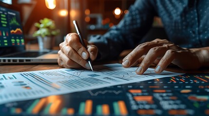 Naklejka premium A closeup of the hands of a financial strategist writing predictions on a paper graph, with a digital tablet beside them displaying live stock market feeds.