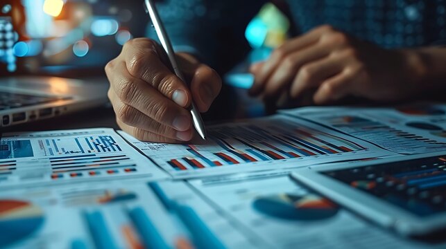 A closeup of the hands of a financial strategist writing predictions on a paper graph, with a digital tablet beside them displaying live stock market feeds.