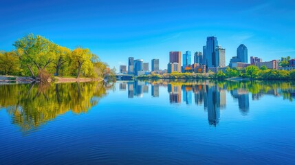 Blue Reflections: Twin Cities Urban Scene with River and Minneapolis Skyline