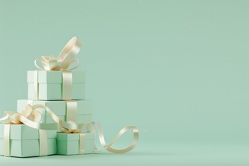 Three vibrant green gift boxes with decorative ribbons on light green background with copy space