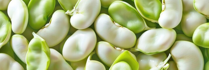 Broad Bean in the Fresh Spring Field. Fava Beans with White and Green Tic on Diet Background - obrazy, fototapety, plakaty