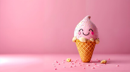 crème glacée avec un sourire - fond rose - obrazy, fototapety, plakaty