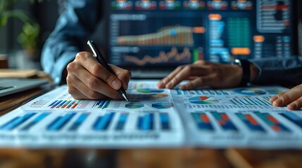 A detailed view of an investor's hands writing notes on investment charts spread across a modern office desk, with screens in the background showing live stock performance and asset distribution.