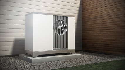 Air source heat pump standing outside the building. 3D illustration