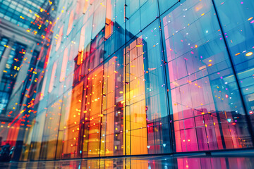 Neon digital network in urban glass facade - obrazy, fototapety, plakaty
