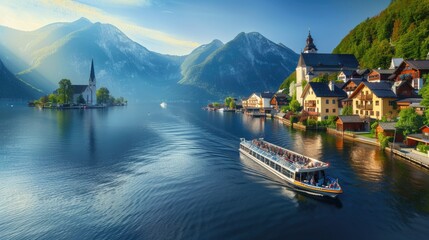 Classic Panoramic View: Lake & Architecture in Golden Morning Light with Tourist Ship - obrazy, fototapety, plakaty