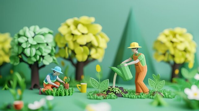 men planting trees and watering them to help increase oxygen reduce global warming save world and life concept environmental conservation 3d illustration