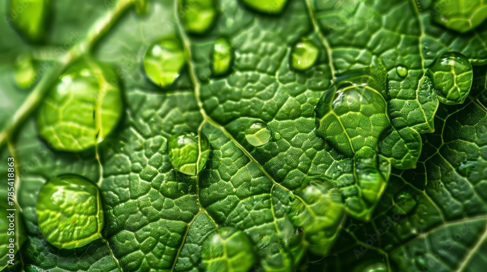 Poster mesmerizing macro photograph of rain droplets on leaf surface abstract background