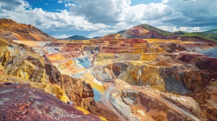 Colorful Copper Mine - A Vibrant Industry Depicting Natural Beauty and Earth's Minerals Amidst Cloudy Skies