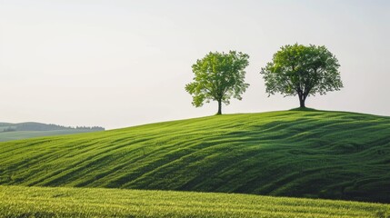 Two trees are standing on a hillside in a lush green field - Powered by Adobe