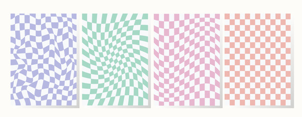 Set of retro backgrounds in pastel colors. Collection groovy checkered pattern in trendy retro y2k style. Vintage aesthetic psychedelic checkerboard texture of the 60-70s. Funky hippie textile print