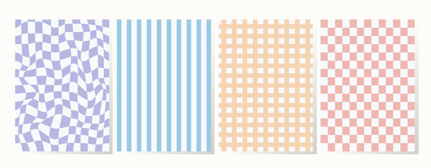 Set of retro backgrounds in pastel colors. Collection groovy checkered pattern in trendy retro y2k style. Vintage aesthetic psychedelic checkerboard texture of the 60-70s. Funky hippie textile print