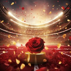 Rose background, lights and golden confetti on the rose background, football stadium with spotlights, banner for sports events - obrazy, fototapety, plakaty