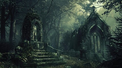 Crypt in the Woods: Dark Fantasy Crypt with Gravestone and Cemetery Background. Illustration Artwork with Forest Ambience
