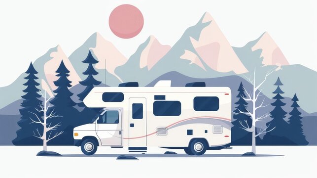 minimalist flat vector illustration of a recreational vehicle camping in nature isolated on white background