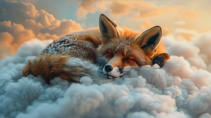 Red fox curled up on a drifting cloud, twilight pastel shades, peaceful frontal view, 3D enchanted theme