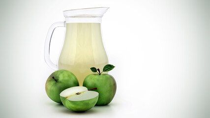 Fresh green apples and apple juice inside glass jug isolated on white background. 3D illustration