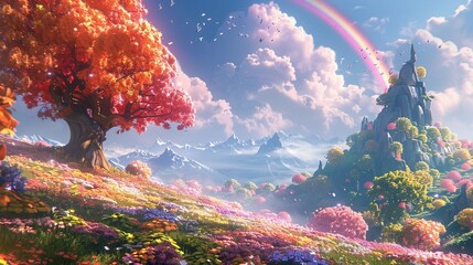 A 3D cartoon tale of a painter who dreams of painting the perfect rainbow, embarking on a quest to find the most vibrant colors in the world to make it real - obrazy, fototapety, plakaty
