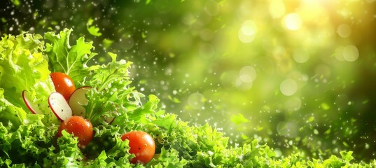 Fresh and healthy salad ingredients  arugula, lettuce, radish, and tomato on green background