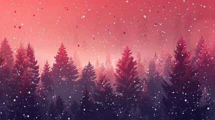 festive red christmas background with snowy winter forest holiday season digital art illustration - obrazy, fototapety, plakaty