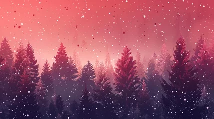 Raamstickers festive red christmas background with snowy winter forest holiday season digital art illustration © Bijac