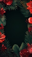 Rose frame background, tropical leaves and plants around the rose rectangle in the middle of the photo with space for text